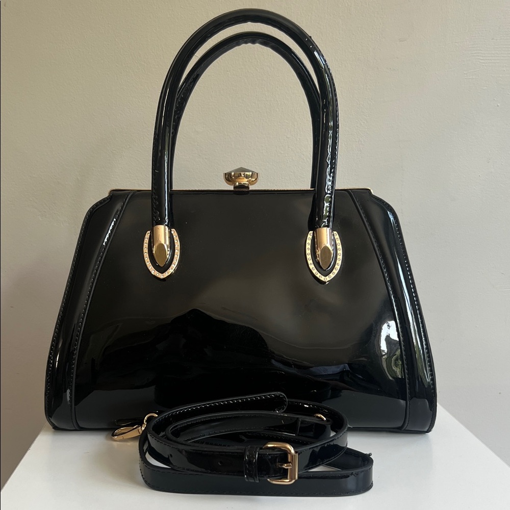 Elegant Faux Black Patent Leather Handbag